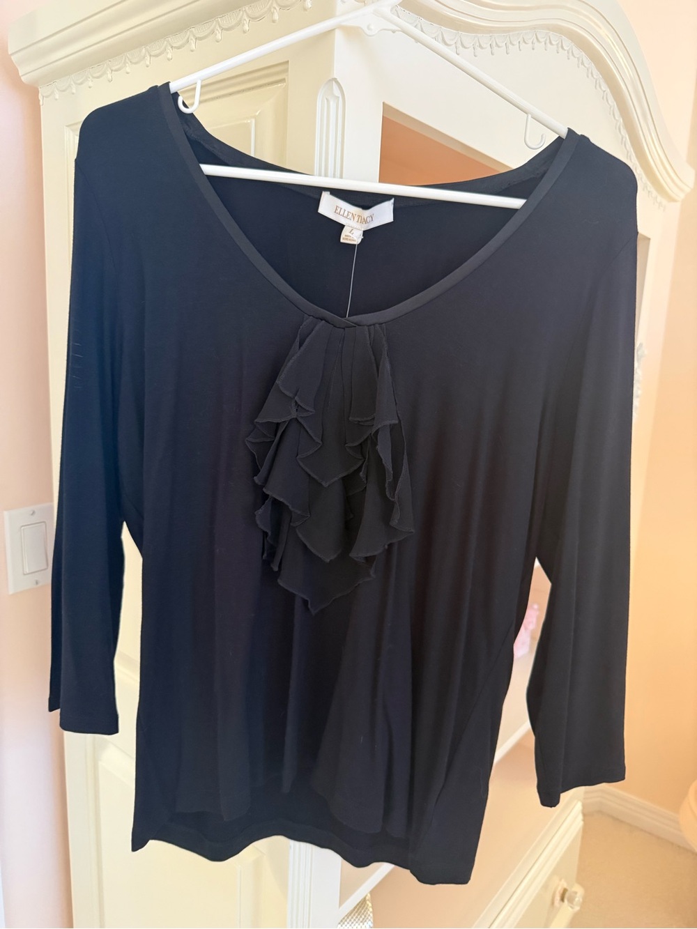 Ellen Tracy Black Ruffle-Paneled Long Sleeve Tee